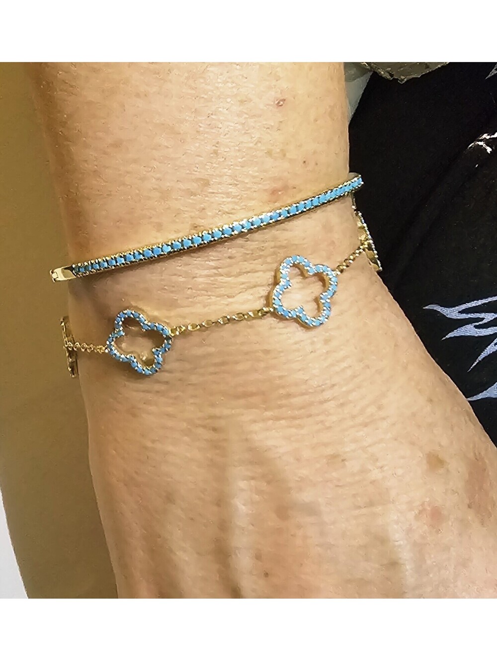 Gold-plated Turquoise CZ Bracelets Pave Hinged Bangle Clover Chain Set Of Two - Picture 2 of 6